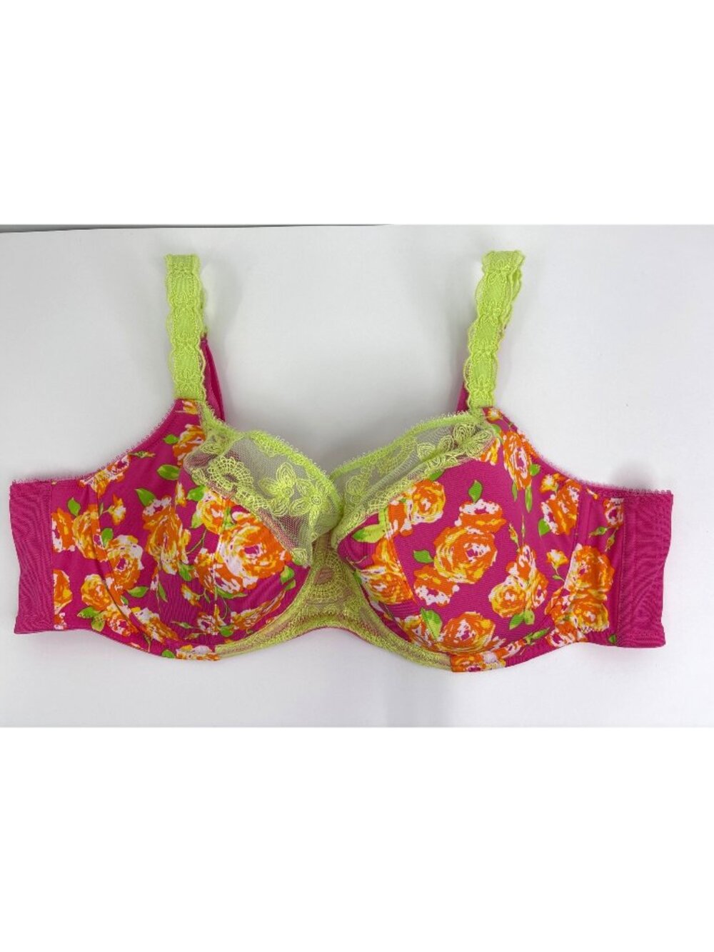 Cacique Simi Lace Floral Underwire Bra Pink Lime Green 44C
